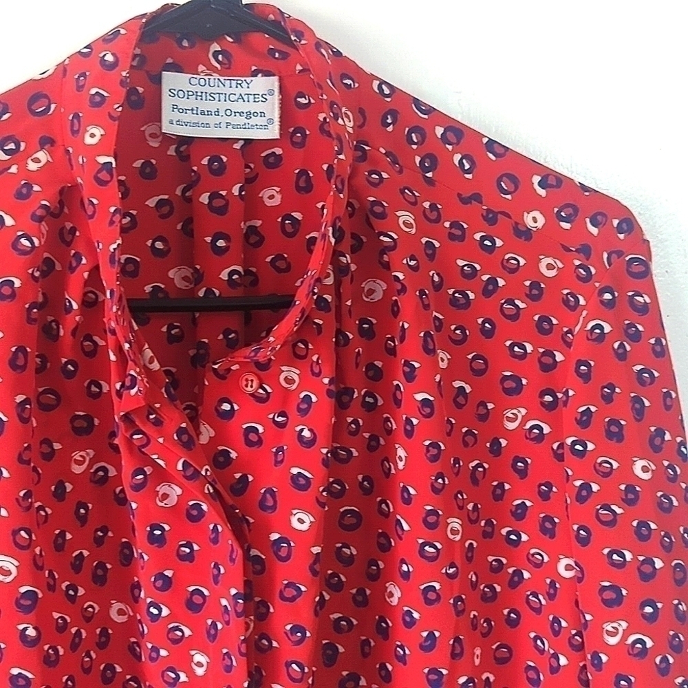 EUC Vintage Pendleton Red&Blue Abstract Floral Blouse -L/XL see measurements
